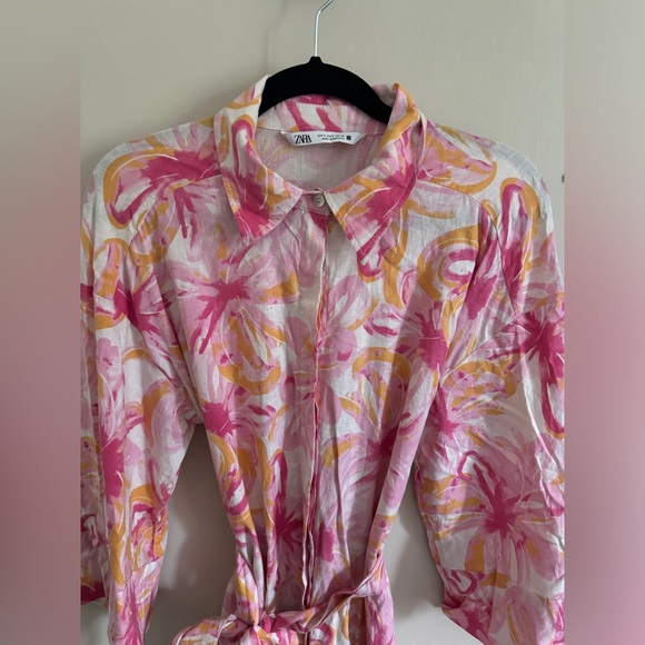 ZARA Pink Orange Floral Tropical Linen Blend Shirt Dress Size S - Picture 4 of 10
